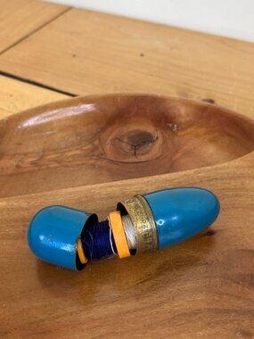 Miniature Capsule Sewing Kit Thread & Pin Blue Enamel Vintage Occupied Germany